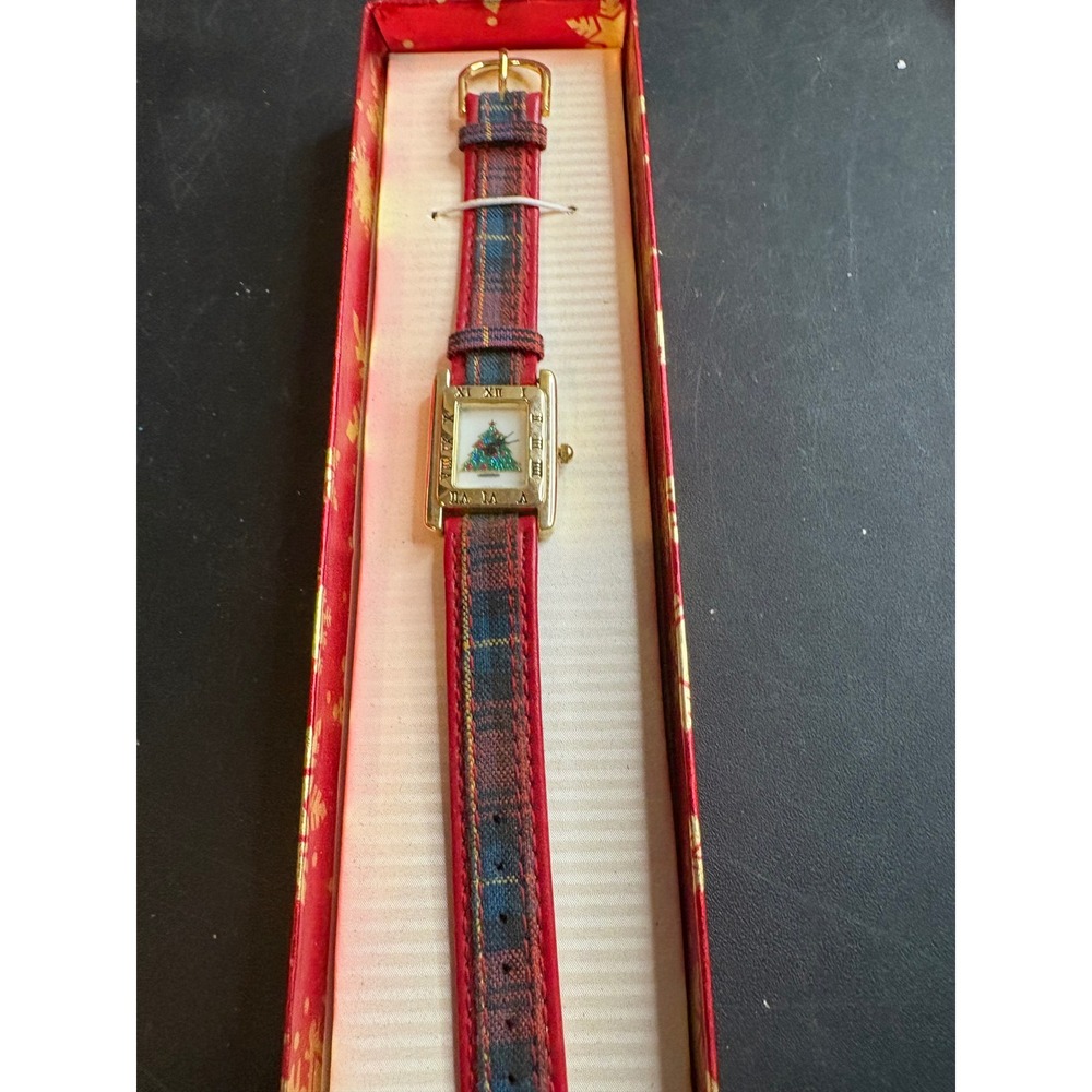 Vintage Christmas Tree Watch Gold Tone Plaid Strap Japan Movt Holiday Timepiece